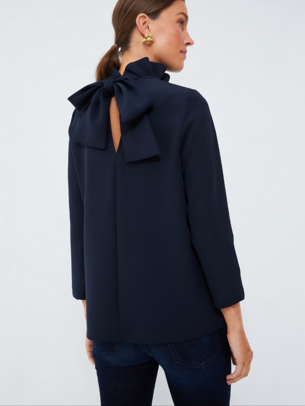 Tuckernuck Ruffle Bow Neck Navy Faye Top, L